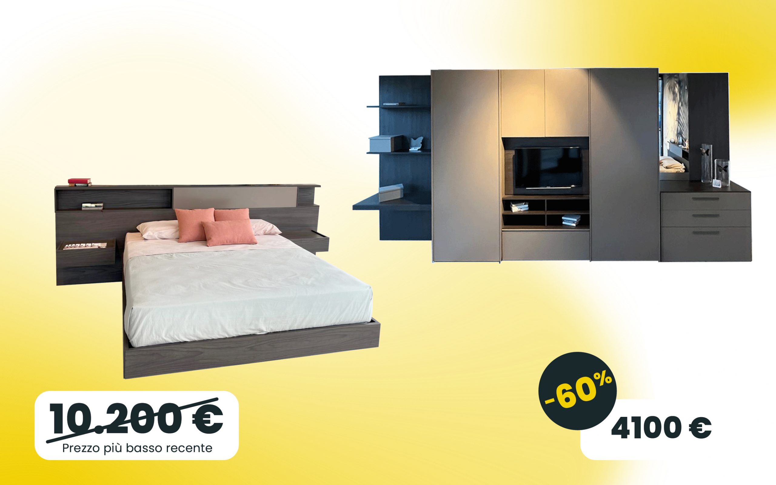 Camera completa con armadio Nocciola porta Tv e piano scrittoio e letto Dado con testiera e comodini integrati