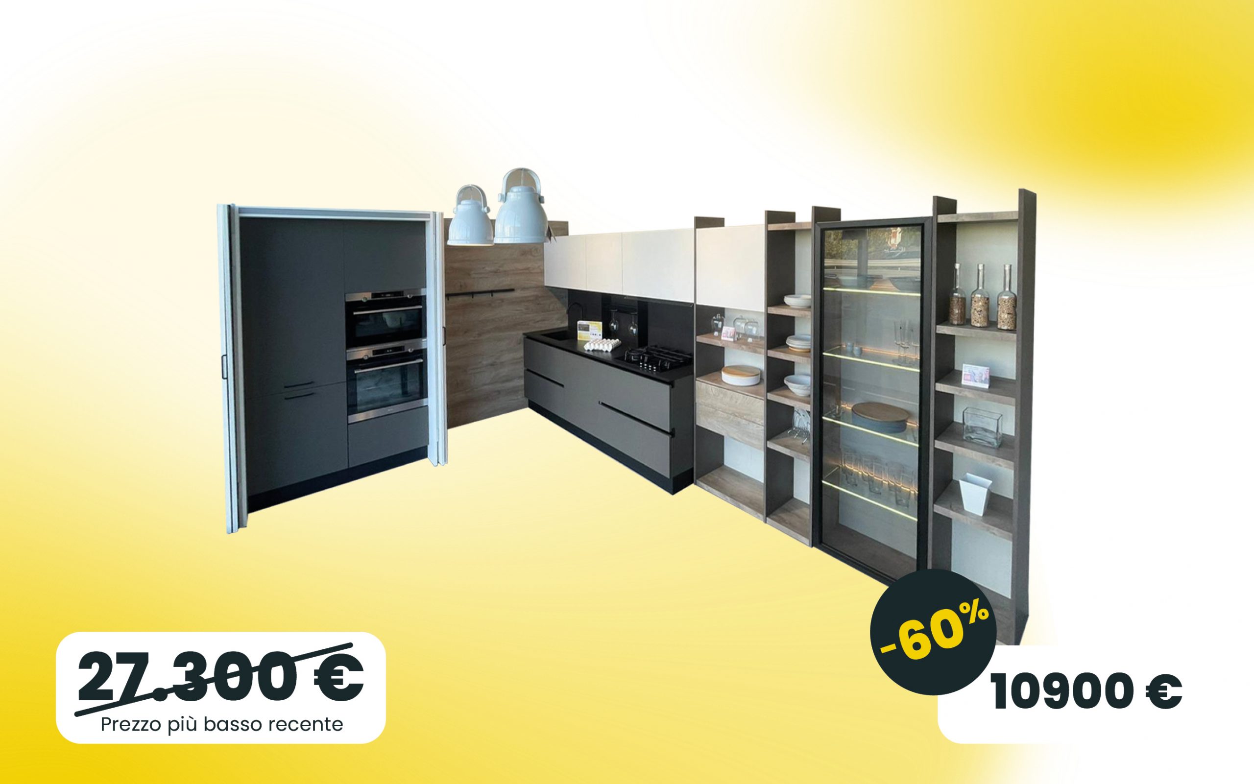 Cucina angolare in PET con Pocket door con ante in Grafite e bianco opaco e librerie e vetrina